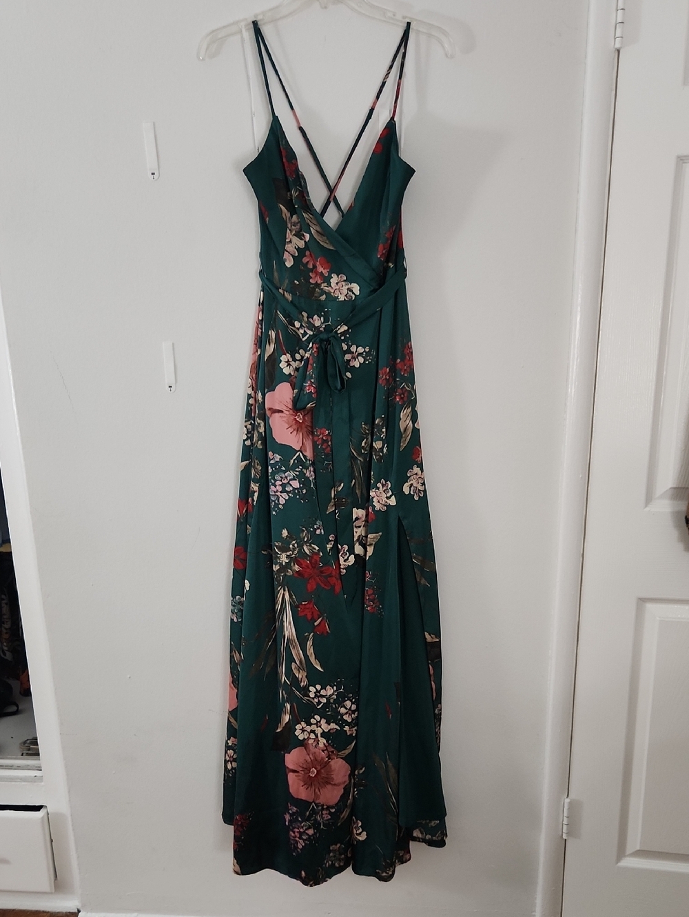 Lulu's Emerald Green Floral Wrap Maxi Dress with Pink & Red Accents - Picture 12 of 12